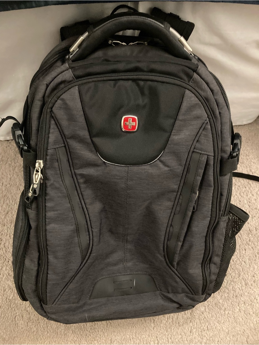 SwissGear Gray and Black Travel Backpack with Red Logo